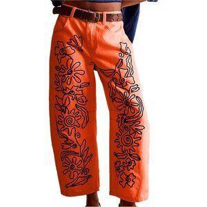 Embroidered Mid Rise Orange Jeans for Women Baggy Boyfriend Jean Boho Barrel